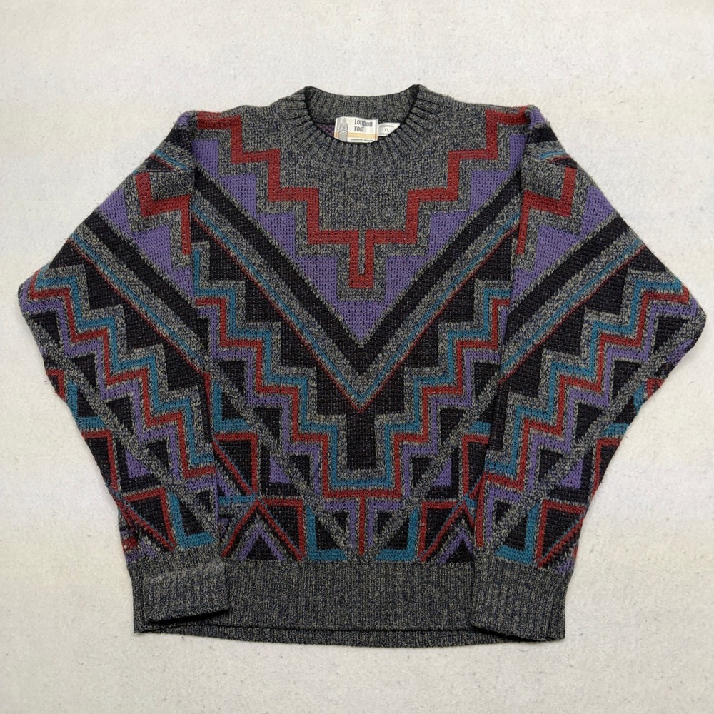 Vintage London Fog Geometric Knit Sweater Mens XL Gray Red Blue 90s Made in USA